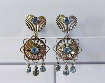 Vintage Screw-back Earrings Silver and Light Blue Rhinestone Dangle Art Deco Style