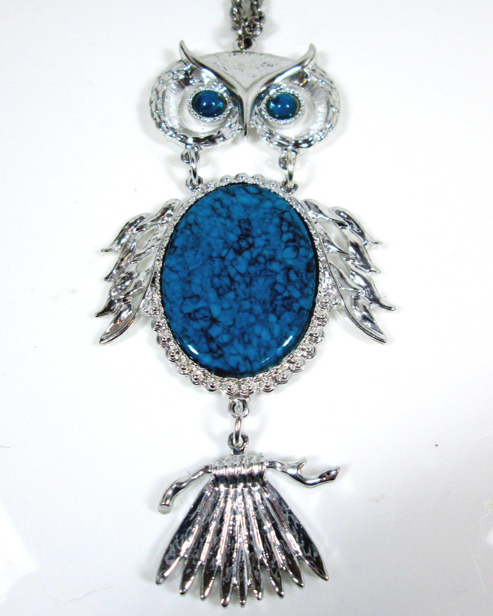 Vintage Owl Necklace: Articulated, Bright Silver & Faux Turquoise