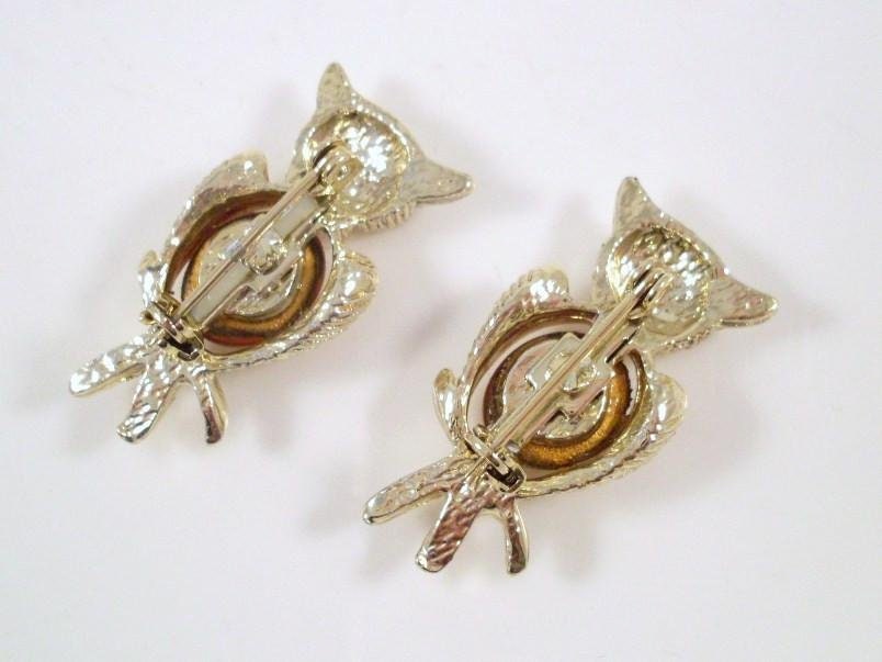 Ancienne Broche Hibou - Cabochon Doré, Strass, Perle Goutte D'eau - Occasion