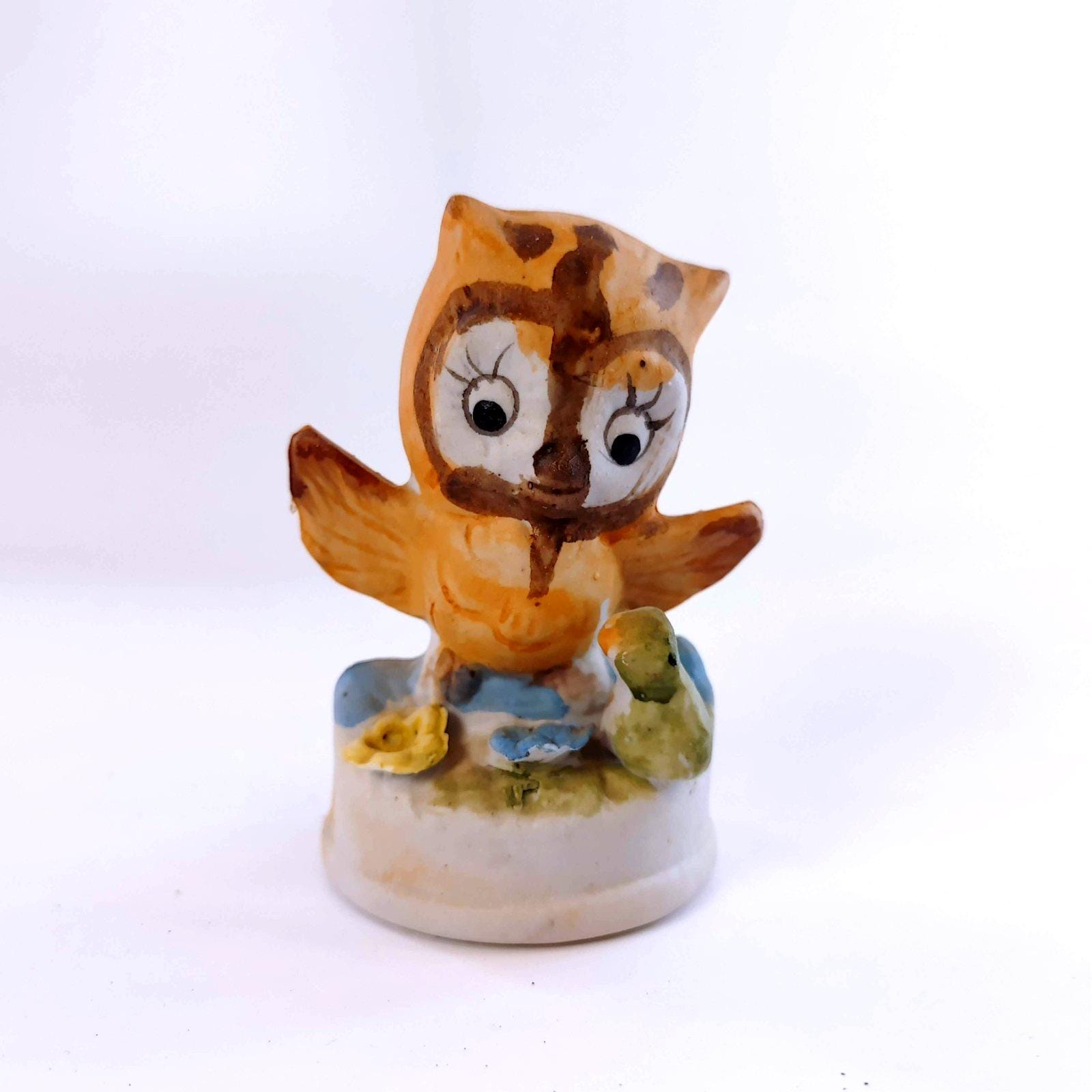 Vintage Whimsical Owl Figurine Big Eyes Raised Wings Ceramic Statue