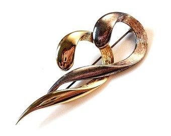 Vintage Brooch Abstract Curl Bimetal Gold-tone Pewter-tone