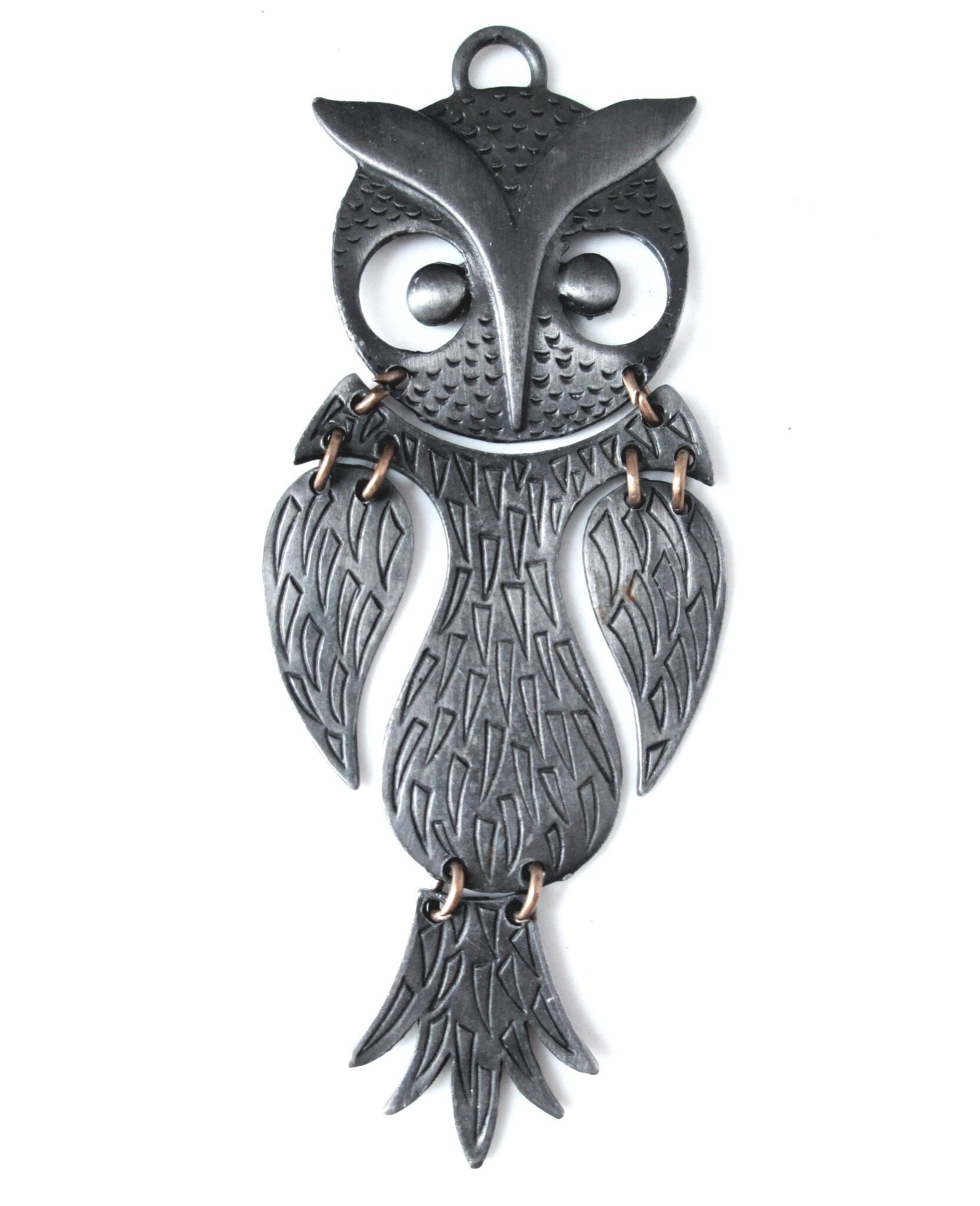 Mid-Century Modern Owl Pendant: Pewter Tone, Geometric Feathers