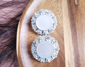 Vintage White Celluloid and Rhinestone Clip on Earrings