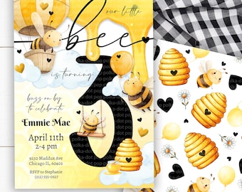Honey Bee Birthday Invite: Bumble Bee Birthday, Third Birthday Bumble Bee Party, Bumble Bee Birthday Theme, Toddler Birthday