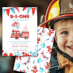 Ein Jahr alter Feuerwehrmann-Geburtstags-Party Einladung, Feuerwehrauto einladen, einfach bearbeiten & drucken Feuerwehrmann-Geburtstag, Feuerwache, niedliche Kinderkiste