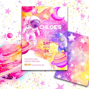 Invitación editable para fiesta de cumpleaños de niña astronauta, diseño galáctico espacial rosa de 5 x 7 pulgadas, imprimible y editada digitalmente, ideal para niñas de 5 años.