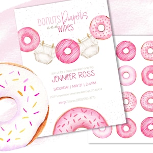 Faire-part de douche de bébé fille couches et lingettes donuts, donuts et couches pour bébé saupoudrer, invitation minimaliste donut, téléchargement numérique modifiable