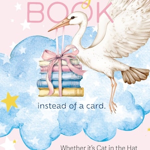 Traga um livro em vez de um cartão, Inserir para convite de chá de bebê, Livros para bebê, Cegonha com pilha de livros, Poema para livro de bebê