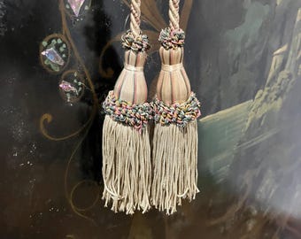 Vintage French Beige & Pink Curtain Tie-Back Pair Twisted Rope 5'' Tassel
