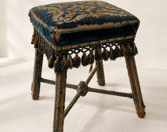 Napoleon III Style Upholstered Stool Blue Velvet Embroidered Tassel Fringe