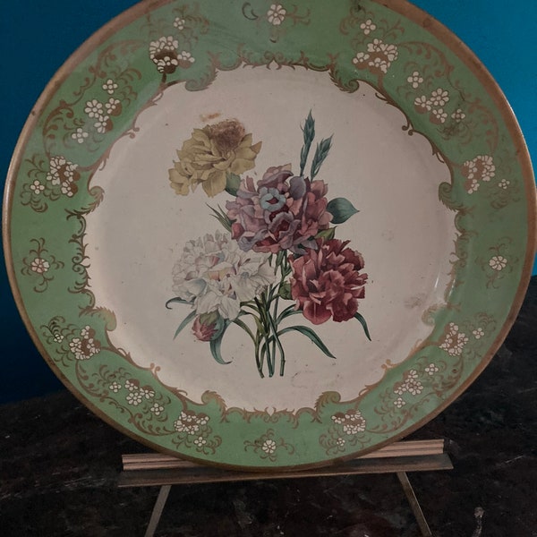 Оловянная литографическая тарелка Baret Ware, 1952 г., Цветочные гвоздики, Англия, 10 дюймов, зеленый металл, Vtg
