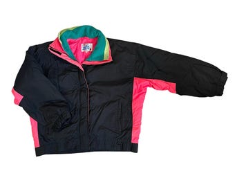 May include: Black puffer jacket with pink and green accents. The jacket has a zipper closure and a stand-up collar.