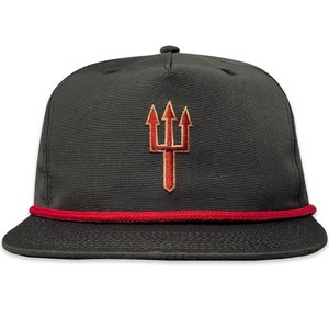 May include: A black and red baseball cap with a red trident embroidered on the front.