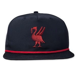 May include: A black and red baseball cap with a red embroidered bird logo. The bird has a crown and is holding a branch in its beak.