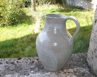 HUGE vtge French Pitcher Jug Grey Creamy Gray Pottery Studio Ceramic Signed Atelier Ceramique Artisan Potter