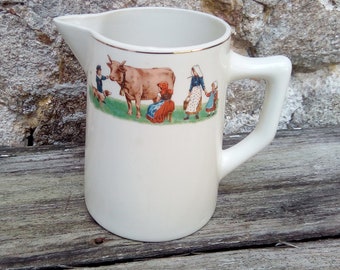 Adorable Vtg 1950s Jug French ~ Pitcher ~ Childrens Scene ~ Cow & Milkmaid ~ Kids in Costume ~ Rural Farming Scene ~ Dairy ~ Kitchenalia