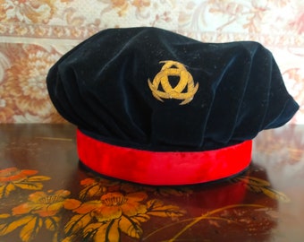 Vintage French  Beret ~ Black velvet ~ Red band ~ Three Crescent Moon Emblem ~  VGC