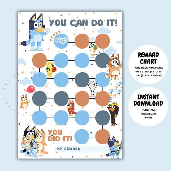 Bluey Reward Chart for Kids,Printable Behavior Chart, Kids Routine Sticker Chart,Chore Chart,Digital Download,Instant Download