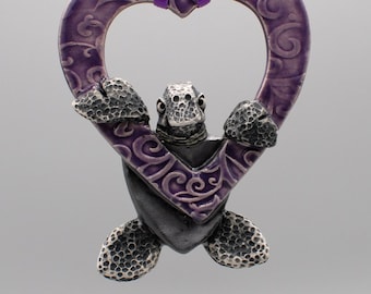 handmade ceramic heart leather back sea turtle ornament
