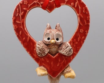 handmade ceramic heart owl ornament