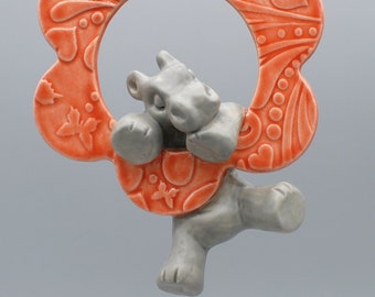 handmade ceramic flower hippo ornament