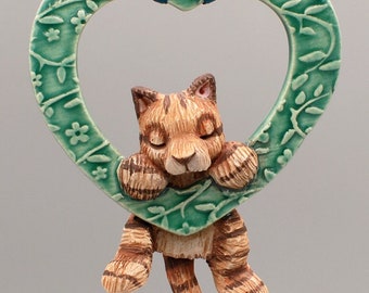 handmade ceramic heart cat ornament