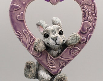 handmade ceramic heart rabbit ornament