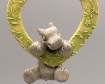 handmade ceramic hippo heart ornament