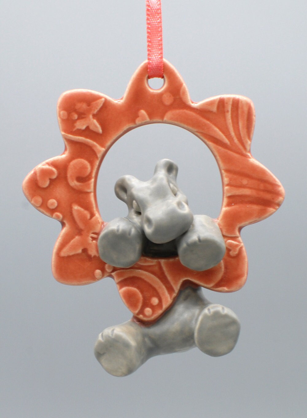 handmade ceramic hippo flower ornament