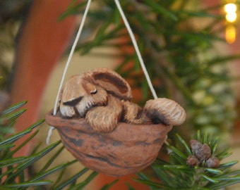 Sleeping Rabbit walnut ornament