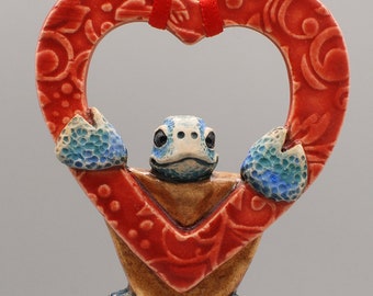 handmade ceramic heart sea turtle ornament