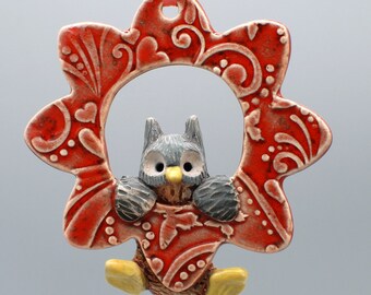 handmade ceramic baby owl flower ornament