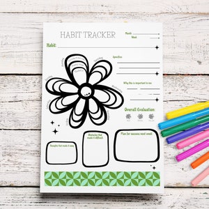 May include: A printable habit tracker featuring a black and white flower graphic. The tracker includes sections for habit name, days of the week, why the habit is important, overall evaluation, and a plan for success next week.