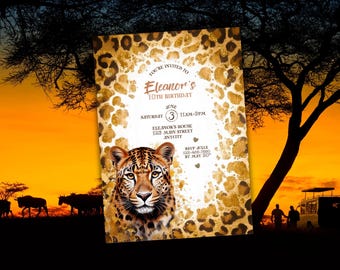 Invito di compleanno leopardato: festa safari con glitter dorati (download digitale)