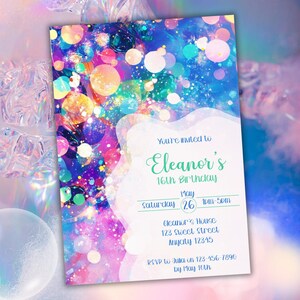 May include: A colorful invitation with a watercolor background and white text. The invitation is for Eleanor's 16th birthday party. The party is on Saturday, May 26th from 1pm to 5pm at Eleanor's House, 123 Sweet Street, Anycity 12345. RSVP to Julia by May 10th at 123-456-7890.