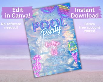 Neon Pool Party Invite Template | Editable in Canva | Holographic Summer Birthday Invite | Instant Download