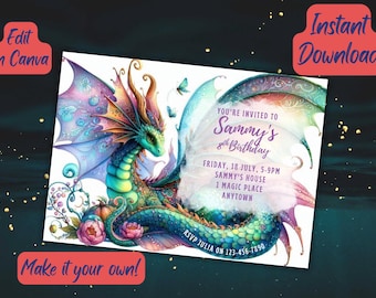 Modèle d'invitation d'anniversaire dragon aquarelle | Toile d'invitation modifiable | Fête du dragon fantastique magique | Téléchargement instantané