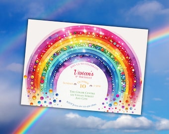 Sparkly Rainbow Birthday Invitation: Watercolor Glitter Design (Digital Download)