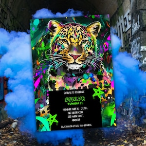 Pink Leopard Geburtstagseinladung | Lebendige Tierparty Karte | Graffiti-Dschungel-Thema
