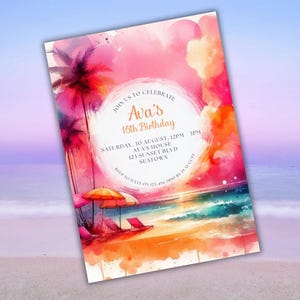 Tropical Birthday Invitation | Beach Party Invite | Personalized Digital Download | Printable Birthday Template | Sunset Watercolor