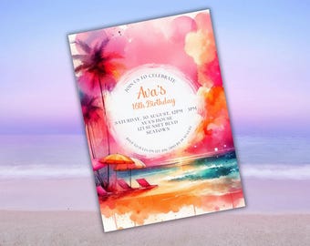 Tropical Birthday Invitation | Beach Party Invite | Personalized Digital Download | Printable Birthday Template | Sunset Watercolor
