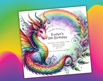 Bold Rainbow Dragon Invitation | Editable Floral Magic Party Invite | Digital Download