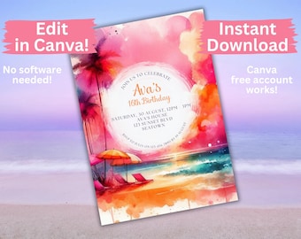 Sunset Beach Birthday Invitation | Tropical Editable Template | Instant Download Digital Party Invite