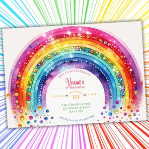 Sparkly Rainbow Birthday Invitation Template | Kids Party Digital Download | Colorful Birthday Printable | Glitter Rainbow Invite