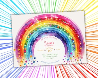 Rainbow Sparkle Birthday Invitation | Custom Watercolor Party Invite for Kids | Bright Glitter Digital File | Personalized by Me