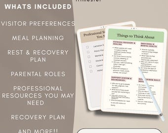May include: A digital postpartum recovery plan, designed by a doula. The image features two digital tablets with checklists and prompts for physical and emotional recovery, including visitor preferences and meal planning. The text includes "Download Now."