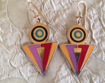 Laurel Burch Earrings COLOUR SPIRIT Geometric Cloisonne Dangle French Earwires Vintage Jewelry 1990s Gold Filled RARE