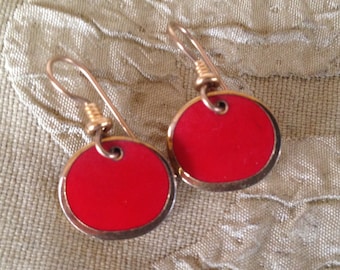 Laurel Burch Earrings Little RED CIRCLES Cloisonne  French Ear Wires Vintage Jewelry 1980s Red Gold