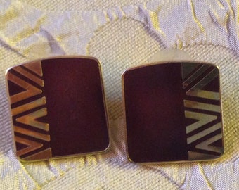 Laurel Burch Earrings Red Plum NAITO Cloisonne Post Square Vintage Jewelry 1980s Gold