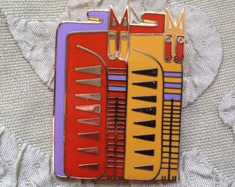 EGYPTICAT Cats Brooch Laurel Burch Pin Cat Twins Cloisonné Art Jewelry Signed Orange Lavender Yellow